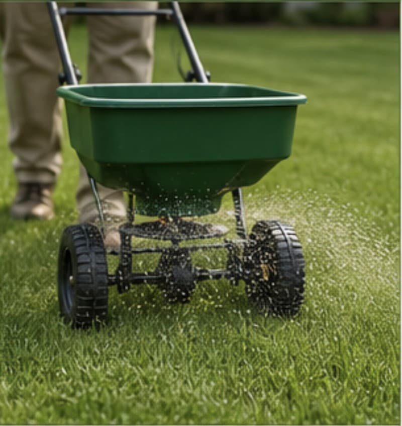 Applying granular fertilizer to an established lawn with a broadcast spreader.