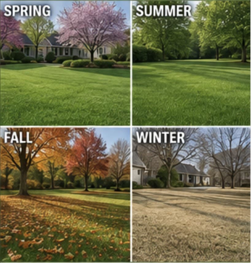 A lawn through the four seasons showing changing care priorities.