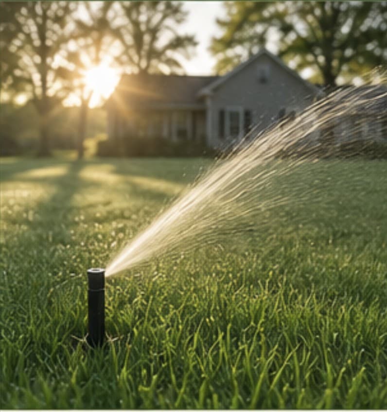 Early morning irrigation of an established lawn.