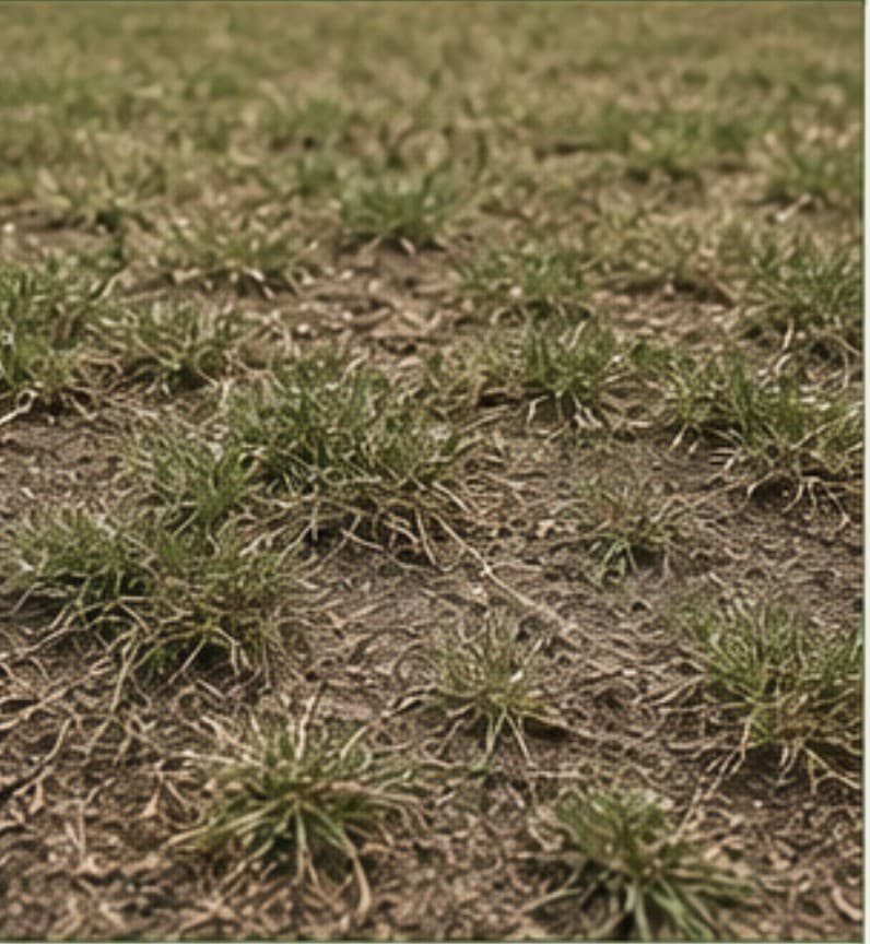 Lawn scalped by cutting too short, showing brown patches and exposed soil.