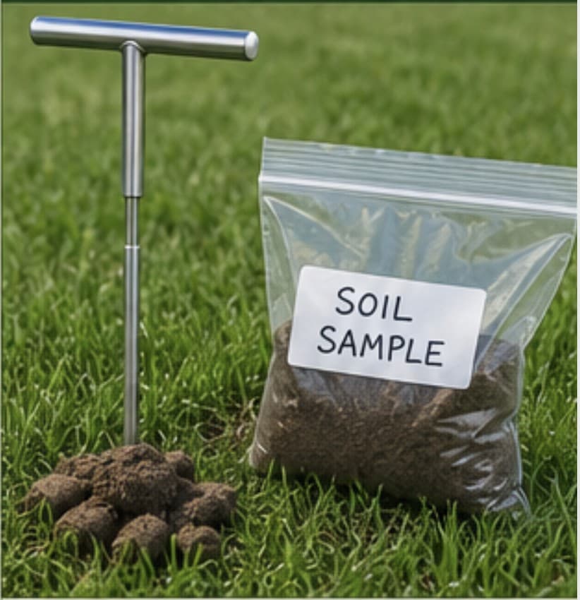 Collecting a soil sample from an established lawn for testing.