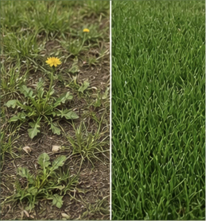 Thin weedy turf compared with dense turf that resists weed establishment.
