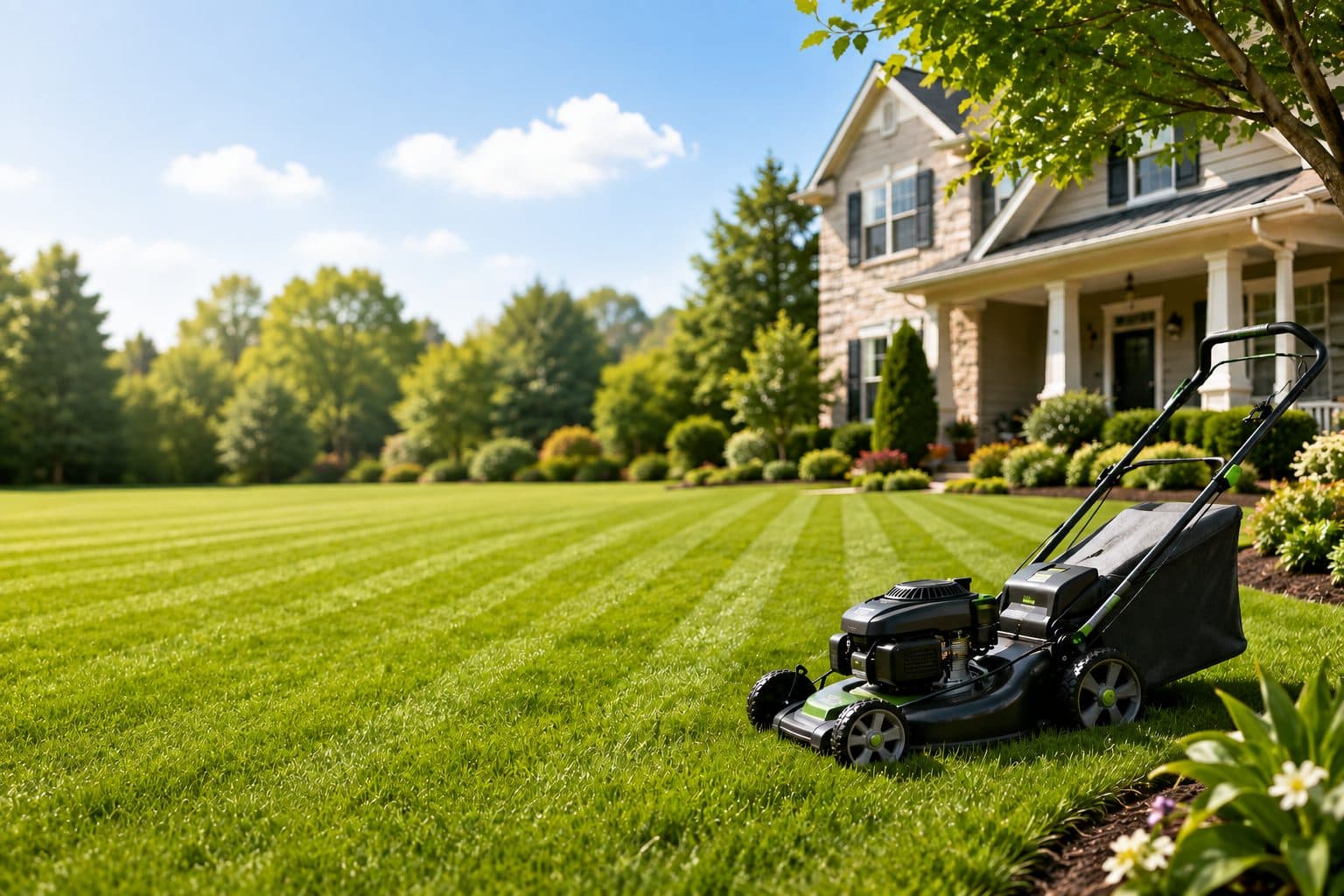 A neatly striped, healthy green lawn with a push mower in front of a house
