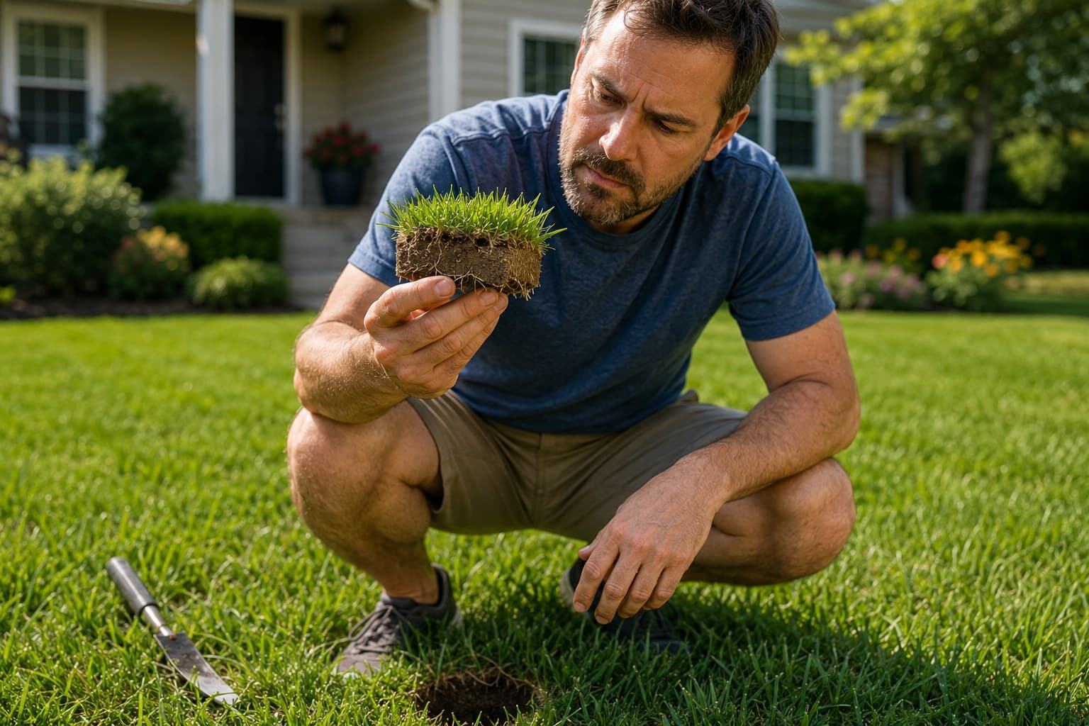 Examining a cut plug of turf to assess thatch depth and rooting.