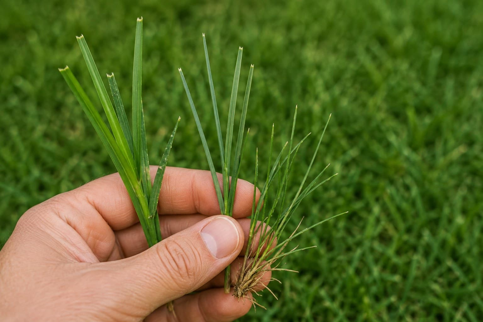 Examining grass blades closely to identify the turfgrass species.