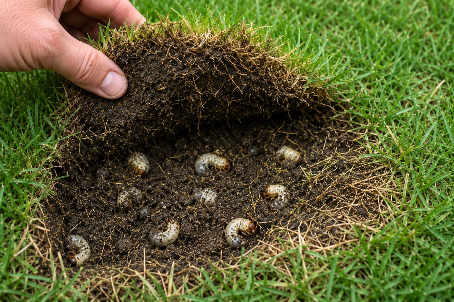 Turf peeled back to reveal white grubs feeding on roots below.