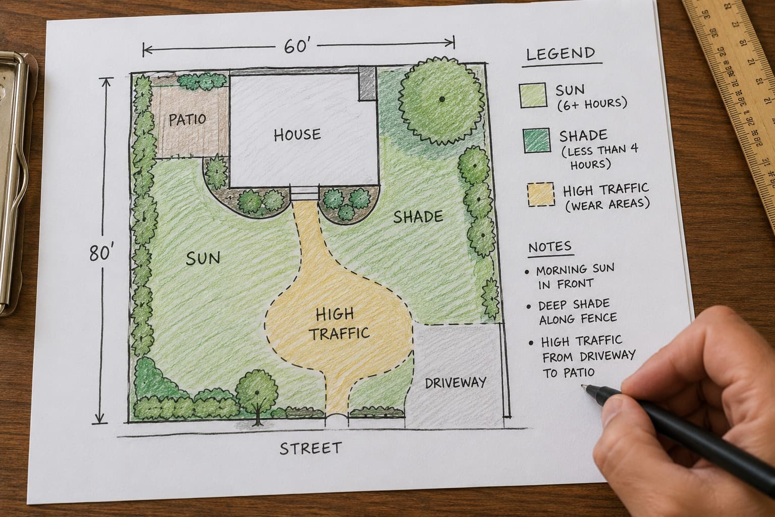 Hand-drawn lawn map marking sun, shade and high-traffic zones.