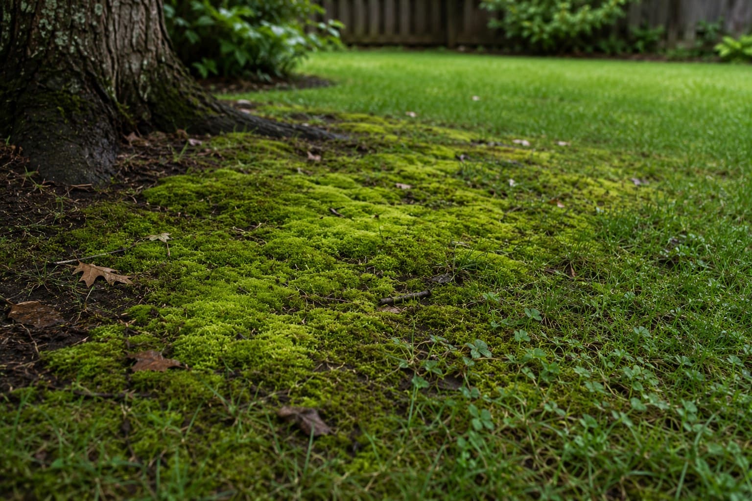 Moss established in a shaded, poorly drained section of lawn.