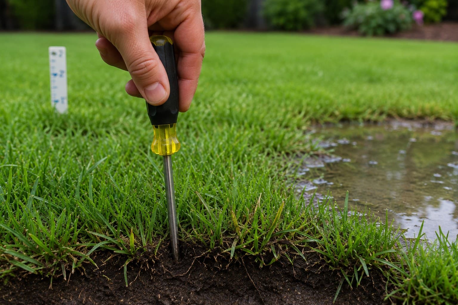 Testing lawn soil compaction by pushing a screwdriver into moist ground.