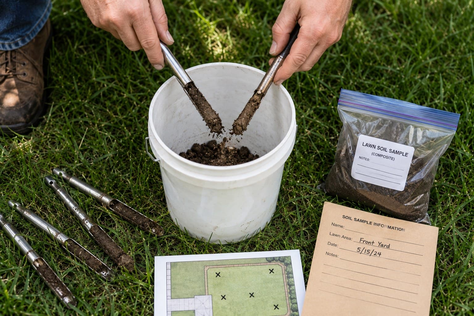 Combining soil cores from several areas into one composite sample for testing.