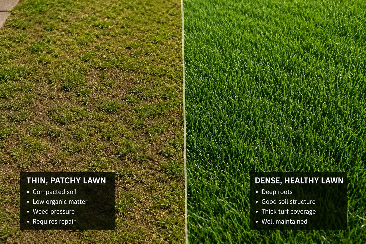 Thin patchy lawn compared with dense healthy turf of the same species.