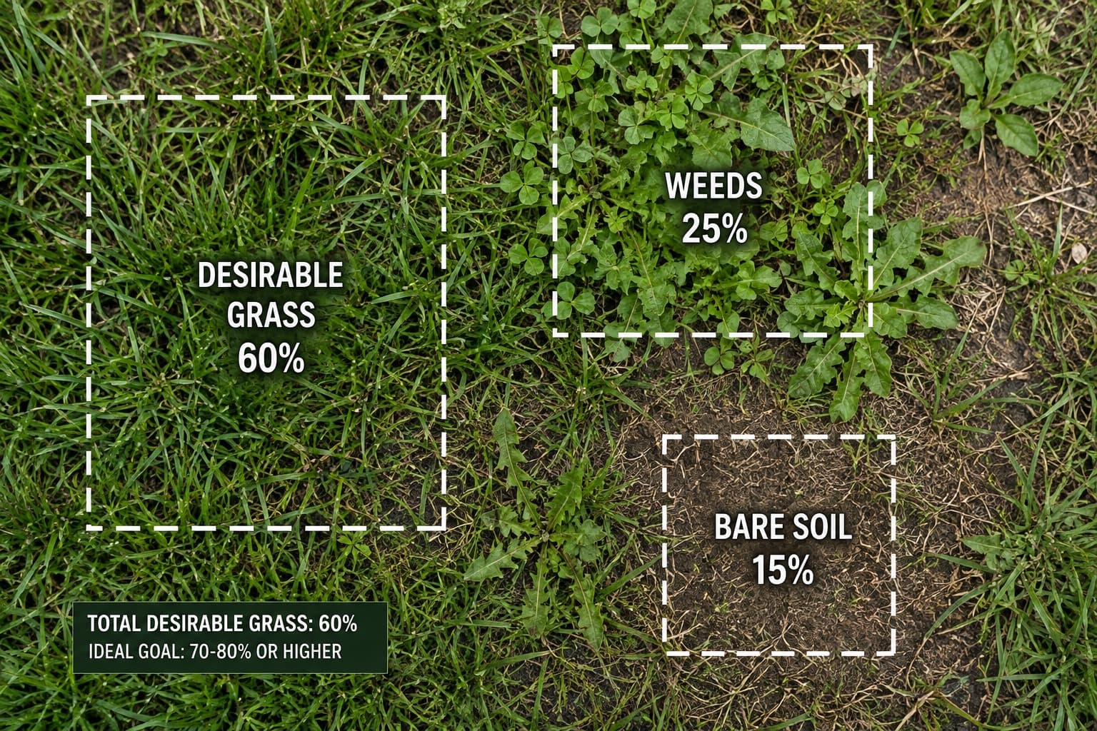 Overhead view of mixed turf showing desirable grass, weeds and bare patches.