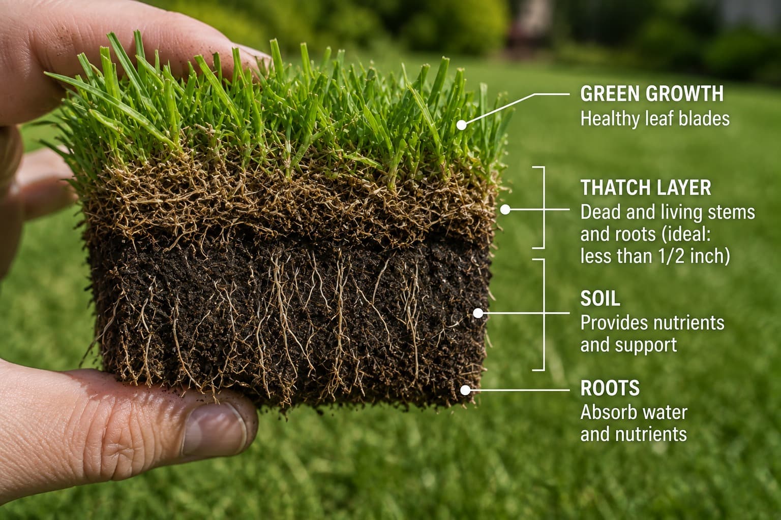 Turf plug cross-section showing the thatch layer, root depth and soil below.