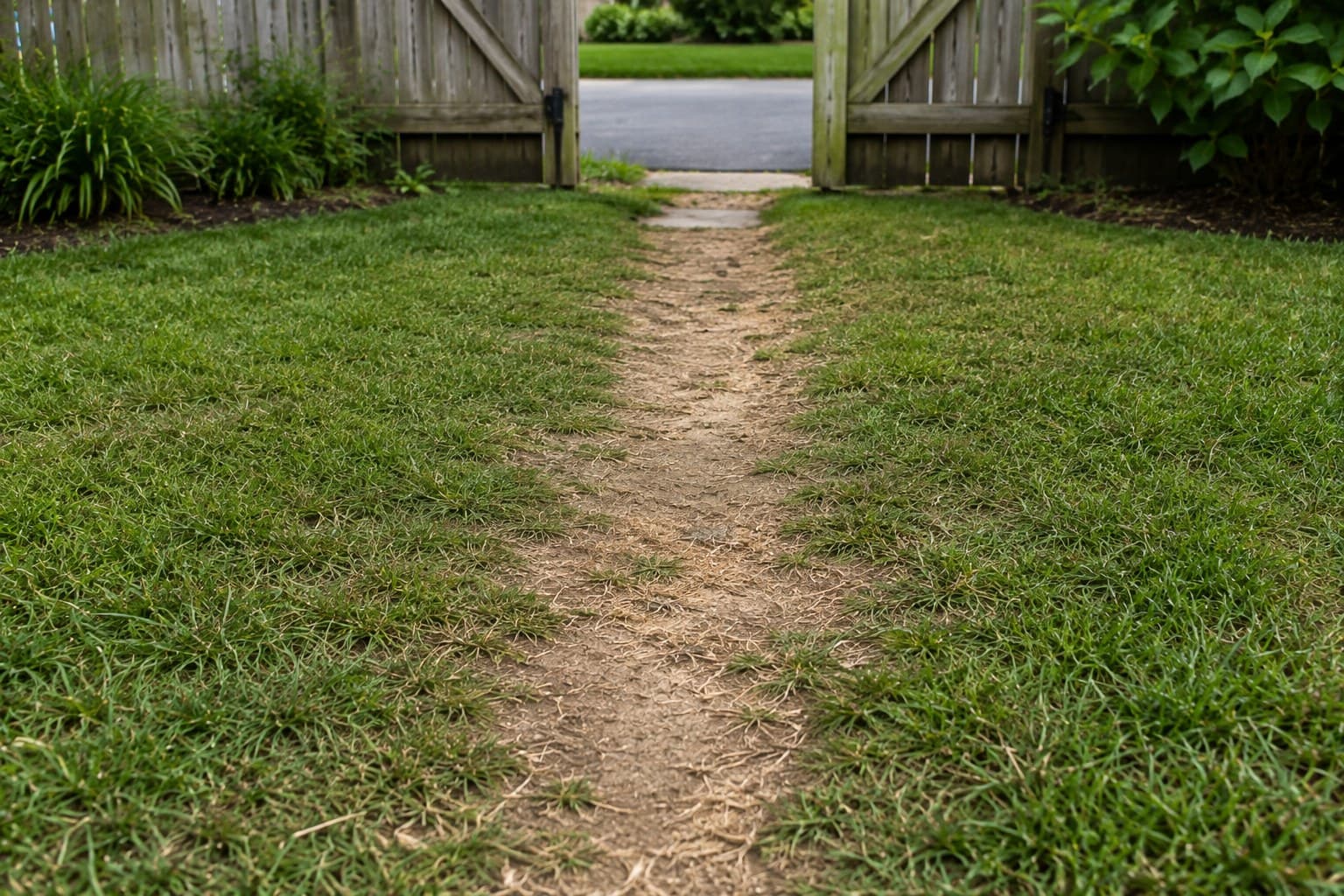 Worn bare path across a lawn caused by repeated foot traffic and compaction.